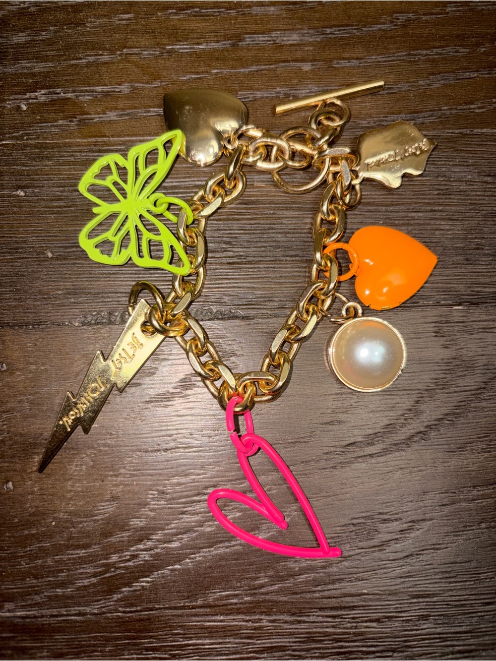 Betsey Johnson Gold Tone Charm Bracelet with Neon Pink & Orange Heart Accents
